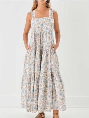 American Eagle Outfitters Floral Smocked Maxi Dress - Blue & Cream